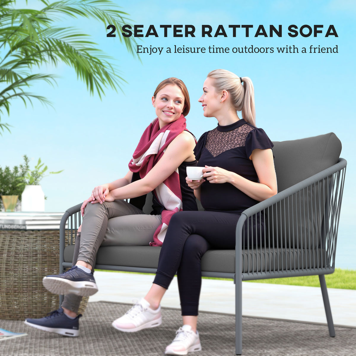 Garden Sofa with Cushions, 2-Seater Outdoor Balcony Rattan Sofa, 112 x 72 x 76 cm
