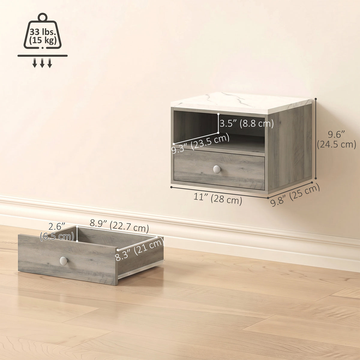 Floating Nightstands with Marble-Effect Top, Set of 2 – 11"W x 10"H