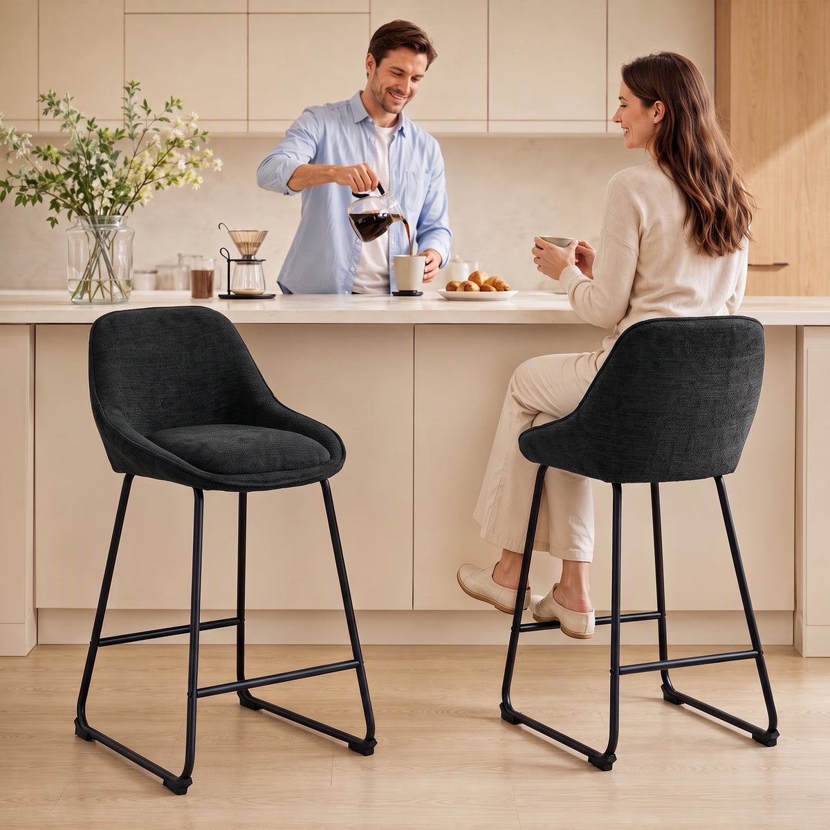 Chenille Counter Height Bar Stools with Backrest and Footrest, Set of 2