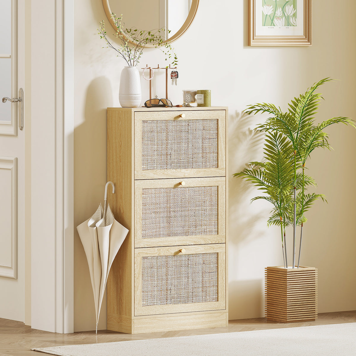 Rattan Shoe Storage Cabinet with 3 Flip Drawers – 24"W x 45"H