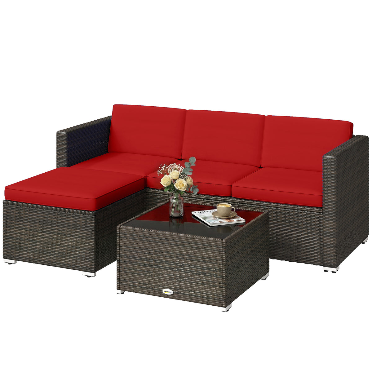 3 Pieces Patio Furniture Set with Cushions, Outdoor PE Rattan Wicker Conversation Corner Sofa Set with Glass Top Table – Brown, Red