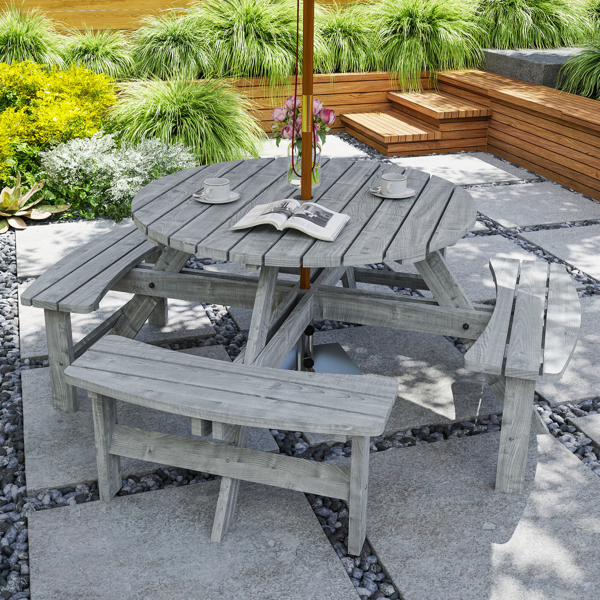 8 Seater Round Wooden Pub Bench & Picnic Table, Patio Dining Set for Outdoor Patio (Umbrella Not Included) – Grey