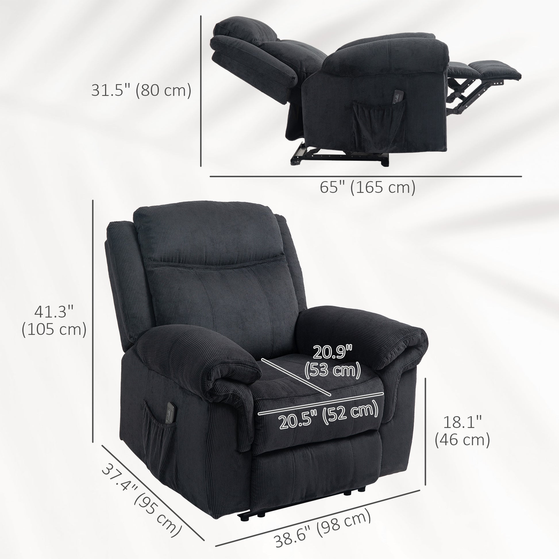 HOMCOM Manual Recliner Chair with Vibration Massage, Side Pockets, Corduroy, Black