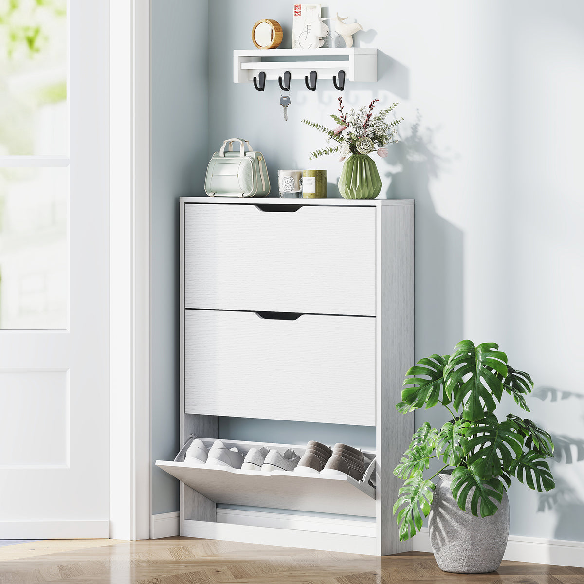 Narrow Shoe Cabinet with 3 Flip Drawers – 31"W x 43"H
