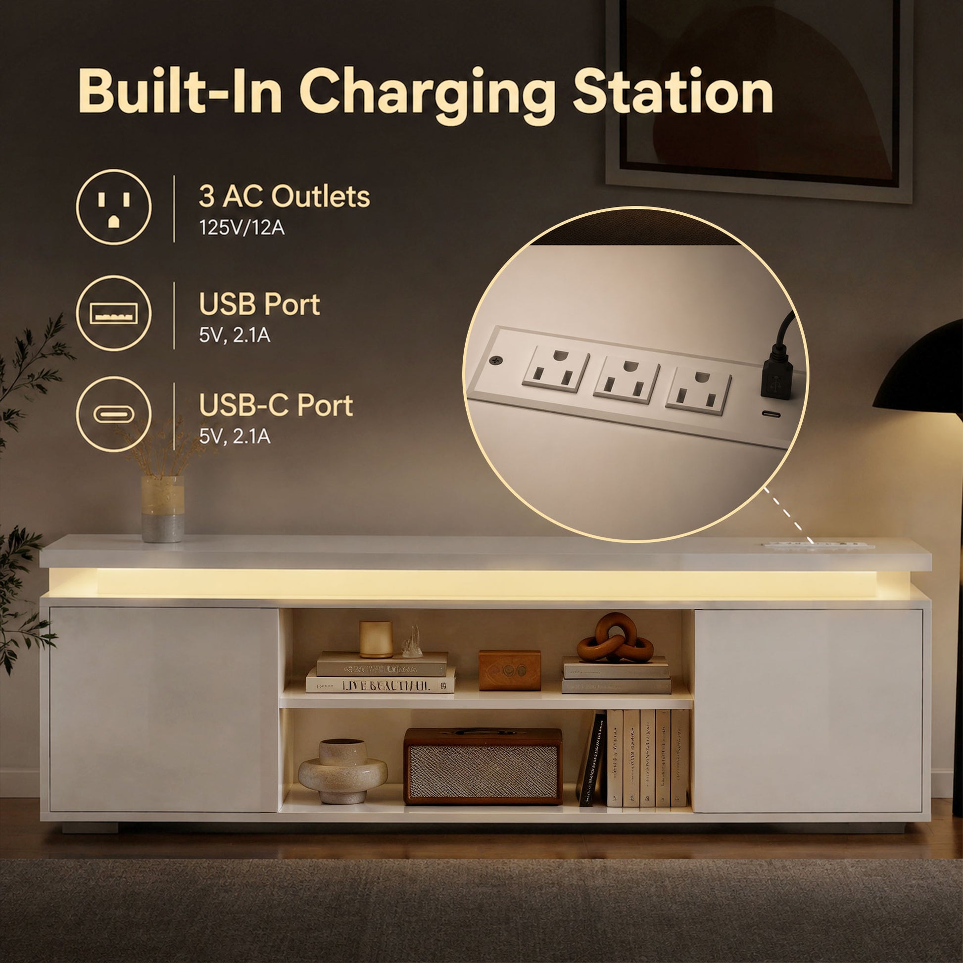 HOMCOM TV Stand with LED Lights, High Gloss White