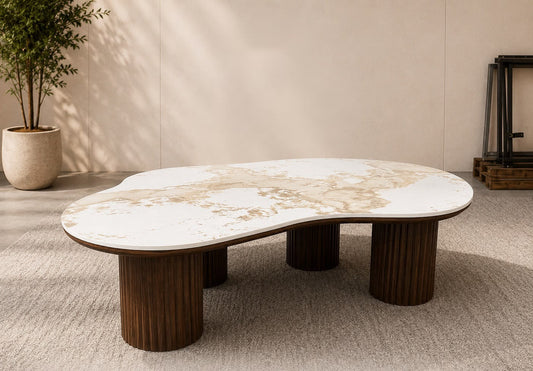 Jenna organic-shape marble-look coffee table with fluted walnut legs