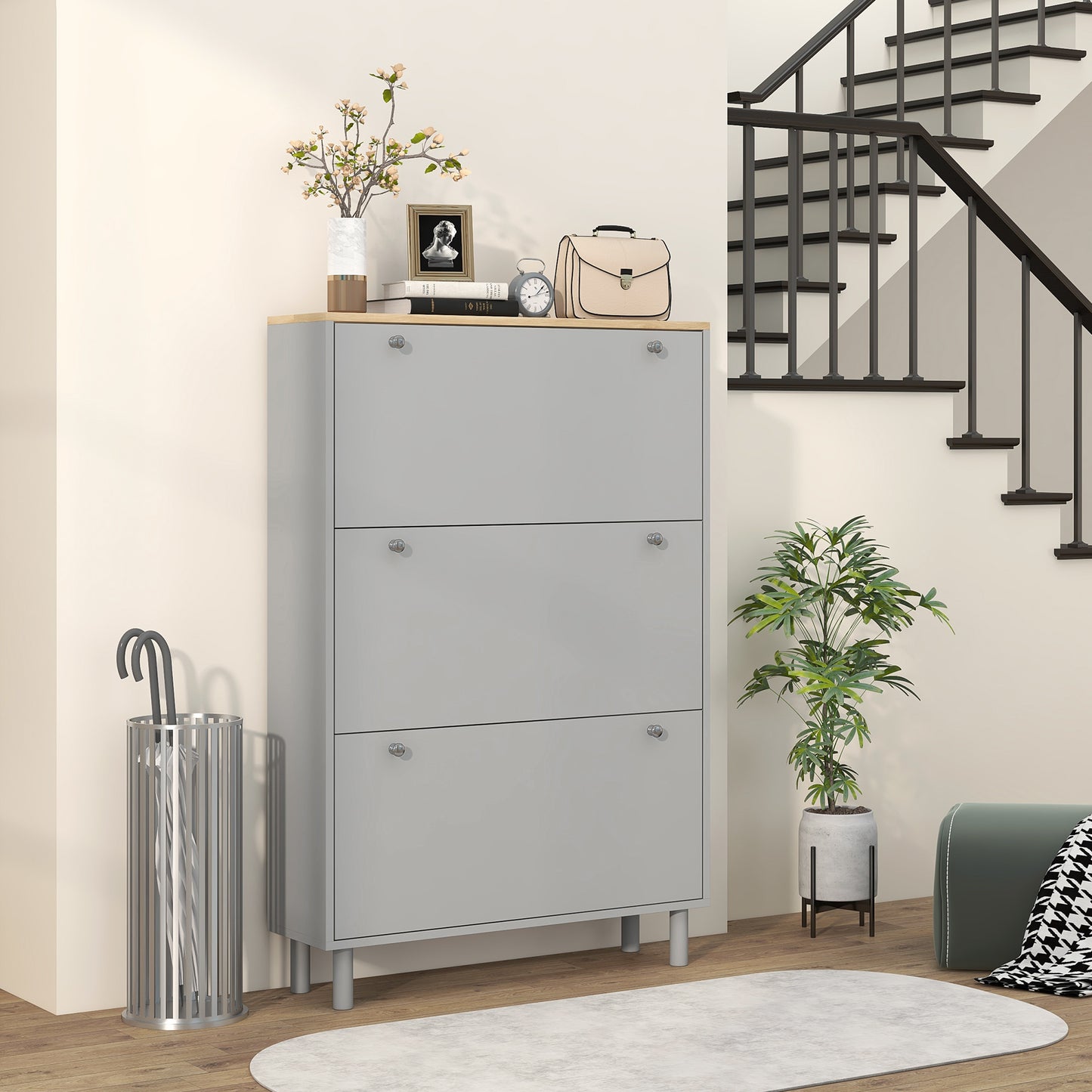 HOMCOM Modern Grey Entryway Shoe Storage Cabinet, 3 Flip Drawers, 24-Pair Capacity