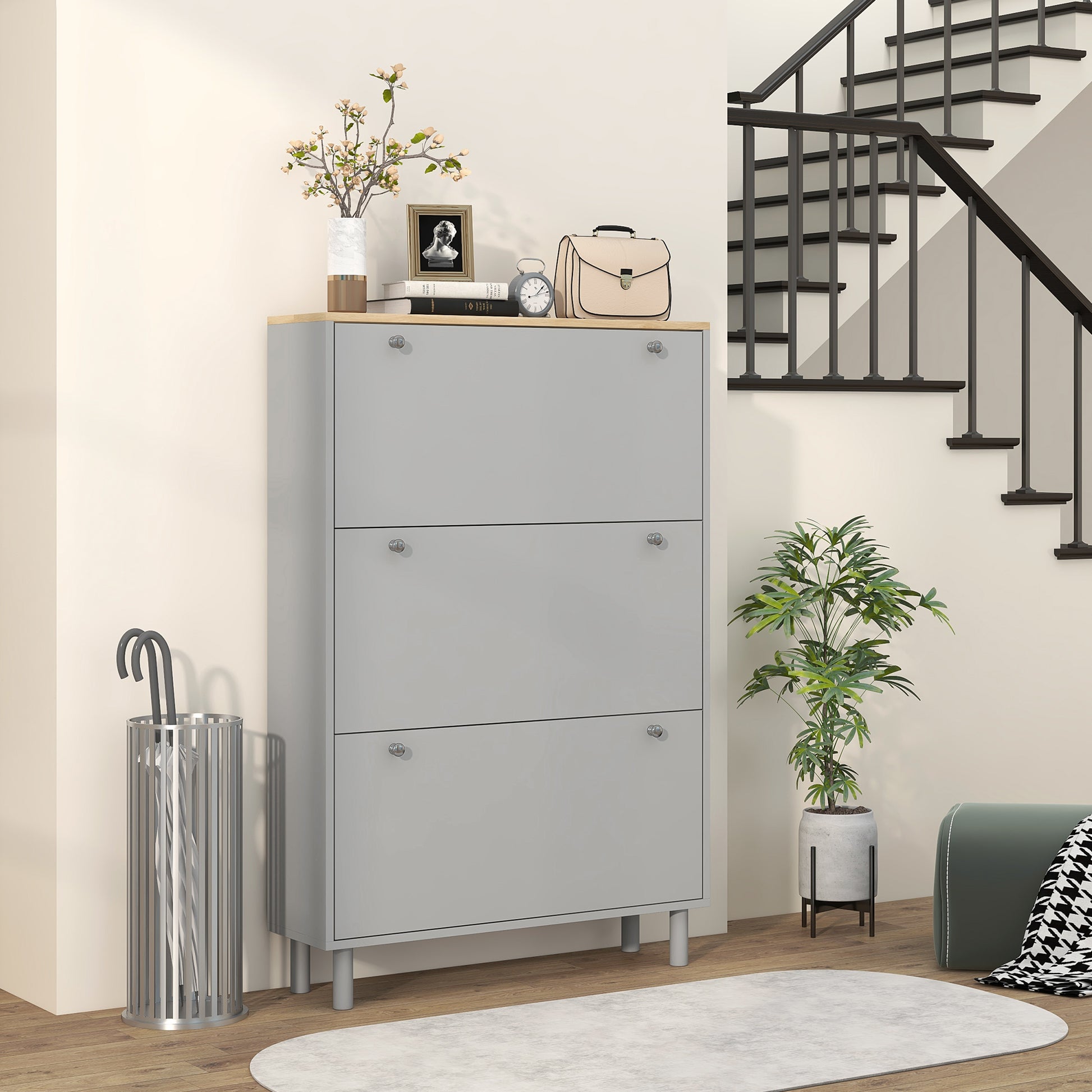 HOMCOM Modern Grey Entryway Shoe Storage Cabinet, 3 Flip Drawers, 24-Pair Capacity