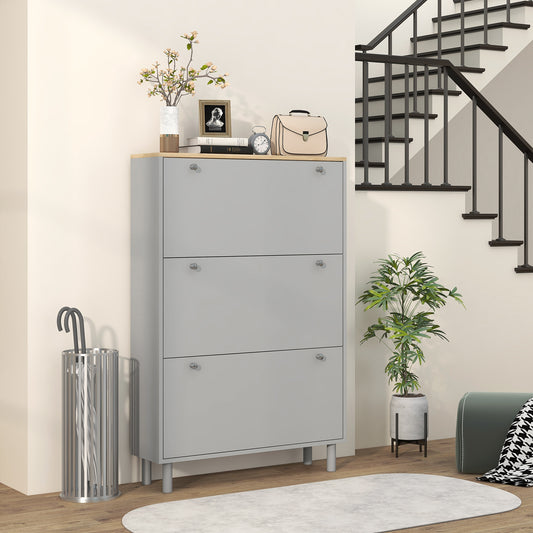HOMCOM Modern Grey Entryway Shoe Storage Cabinet, 3 Flip Drawers, 24-Pair Capacity