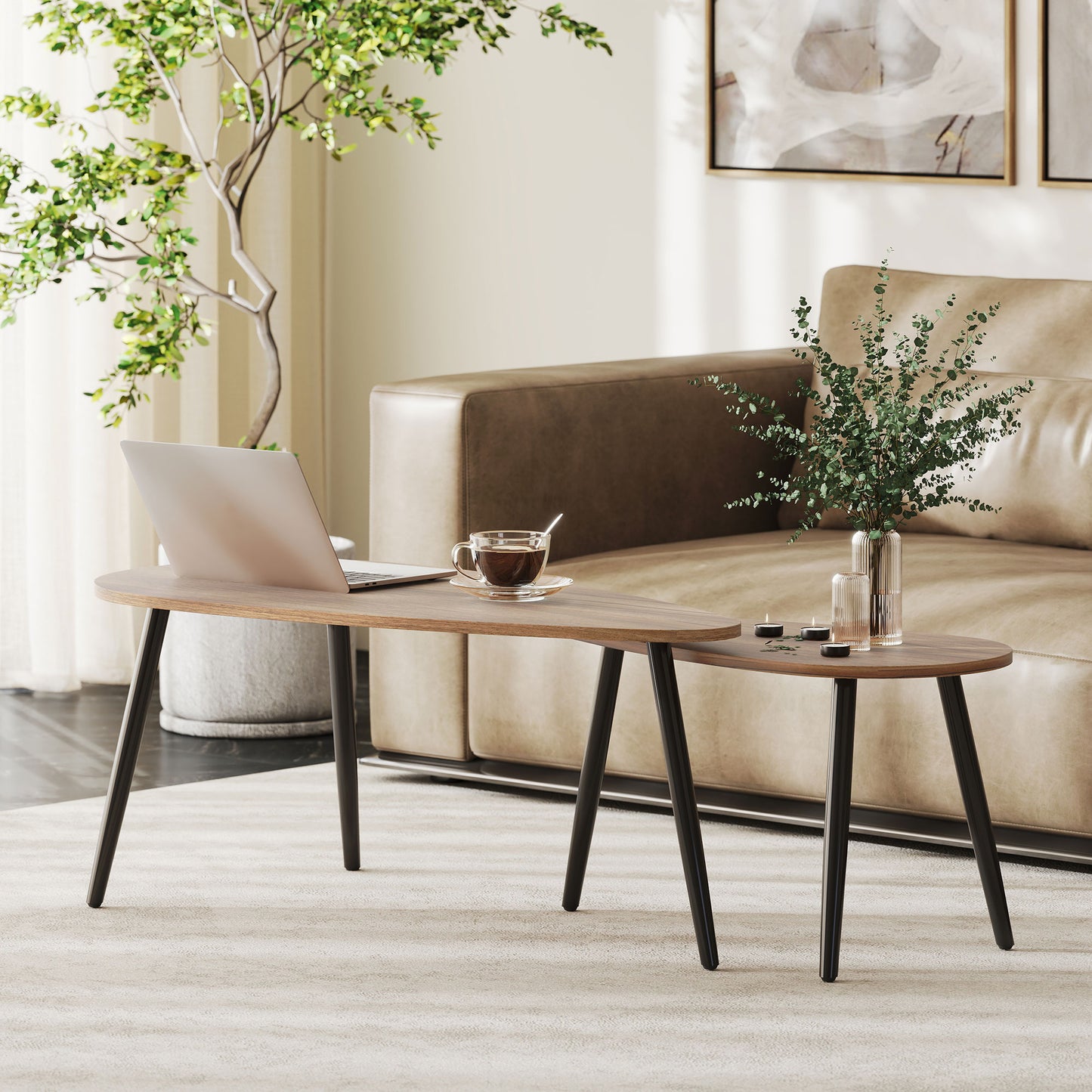 HOMCOM Industrial 2-Piece Nesting Coffee Table Set, Brown Wood-Effect Steel Legs