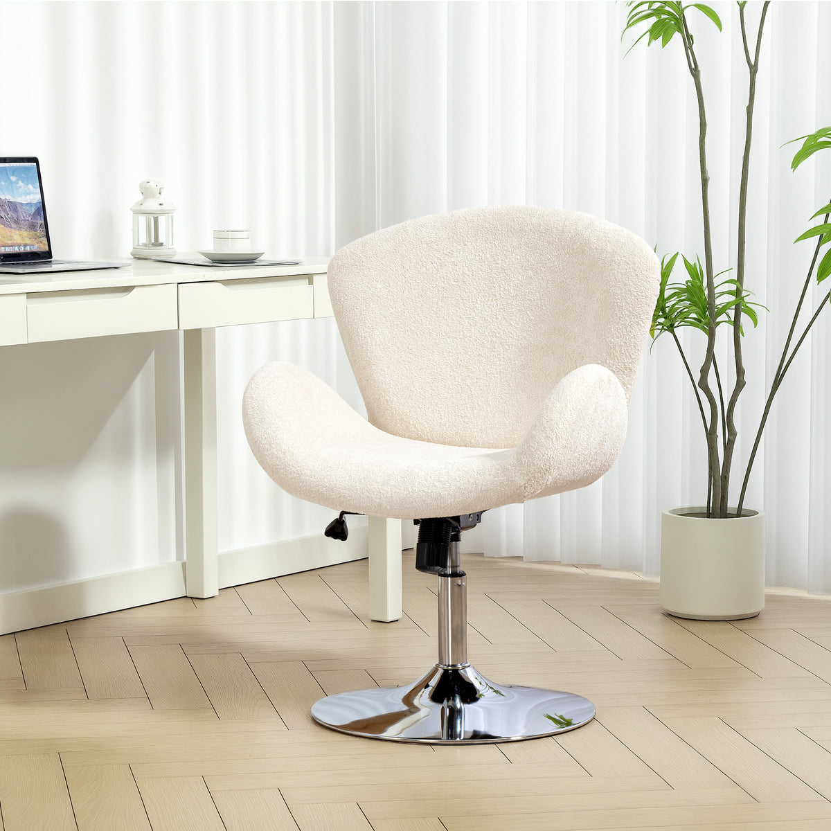 Swivel Office Chair, Velvet Desk Chair with Wide Bucket Seat, Butterfly Back, Cream White