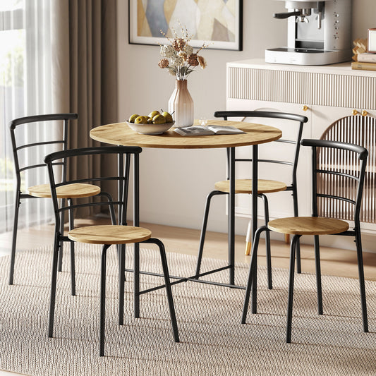 5-Piece Round Dining Set for 4, Space Saving Table and Chairs with Metal Frame