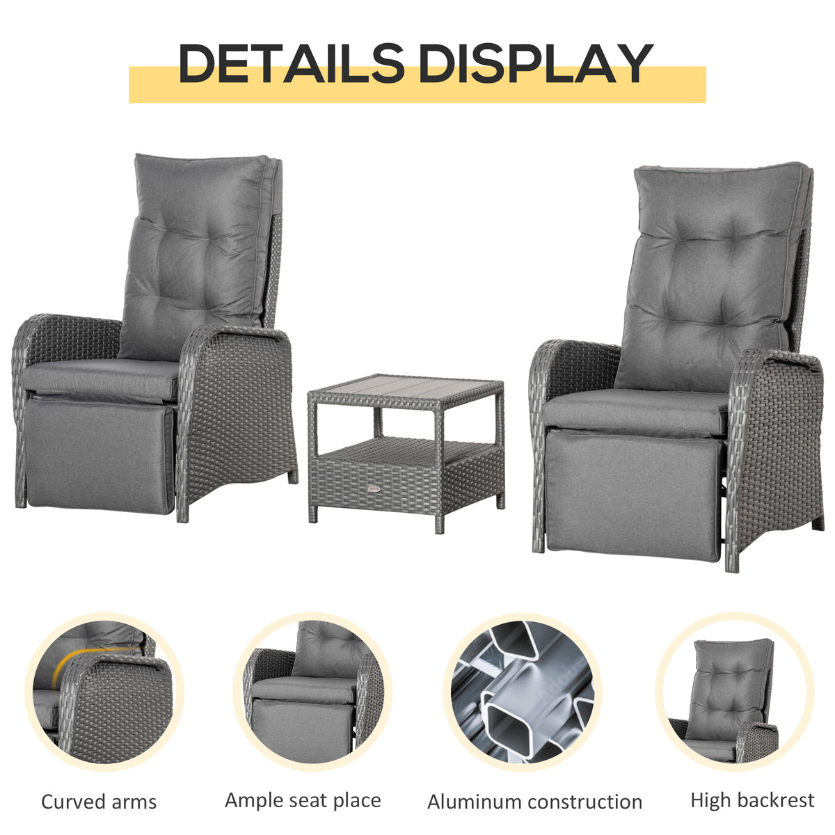 3 Pieces Patio Wicker Bistro Set, PE Rattan Coffee Table & Adjustable Recline Chairs Furniture Set with Cushions and Wood Grain Plastic Top – Grey