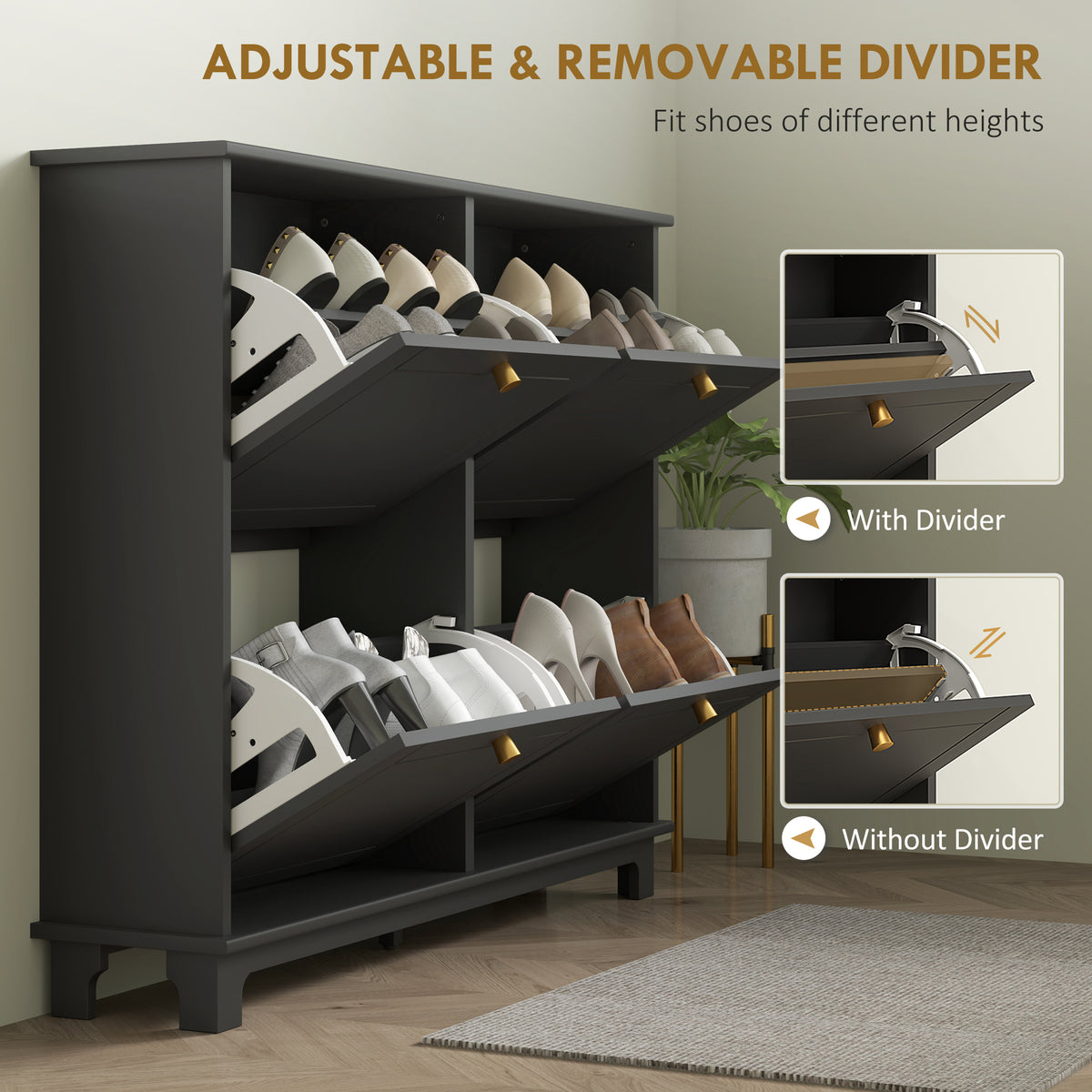 Modern Narrow Shoe Cabinet with 4 Flip Drawers – 47"W x 34"H