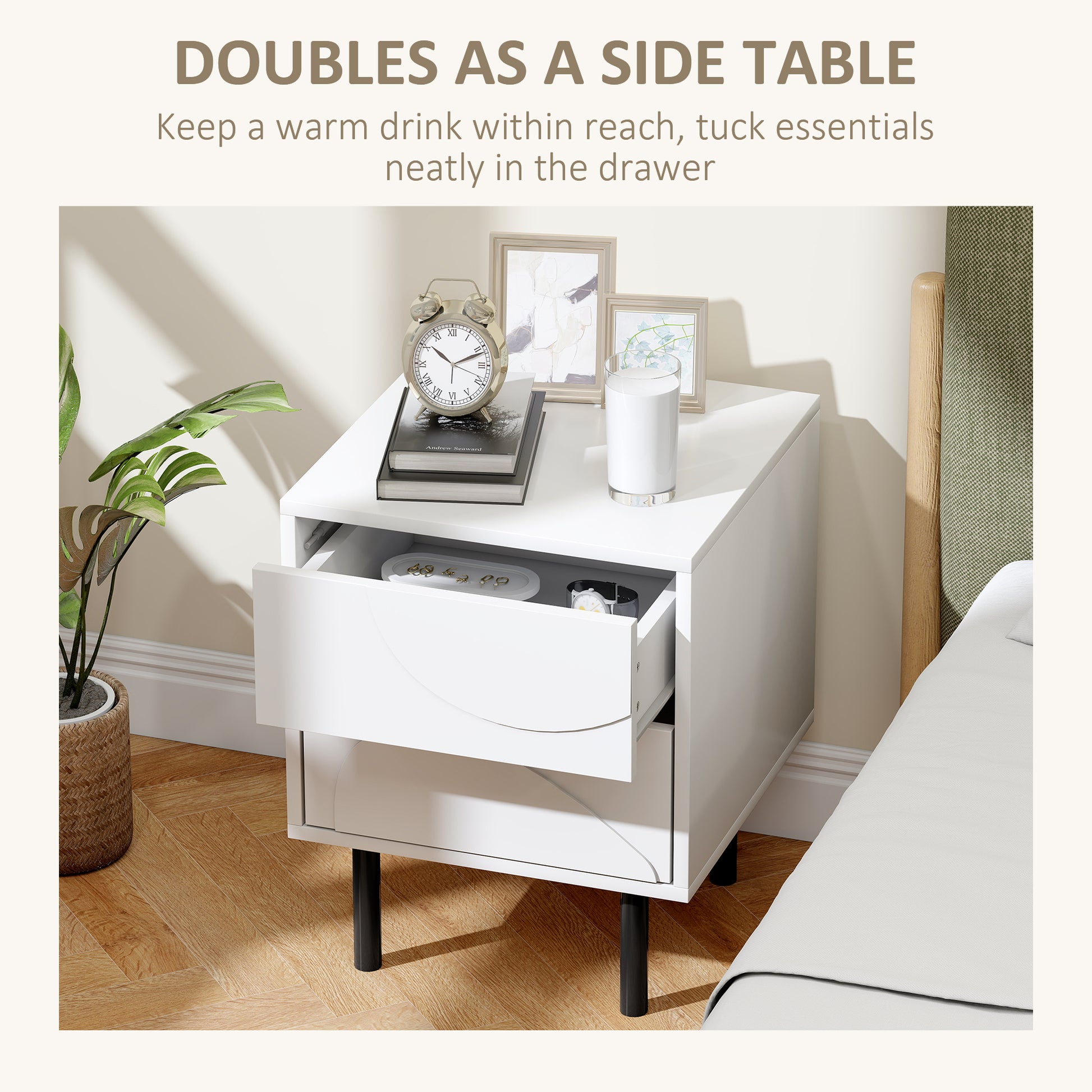 HOMCOM Modern White Nightstand Set of 2 with Push-Open Drawers, Steel Legs