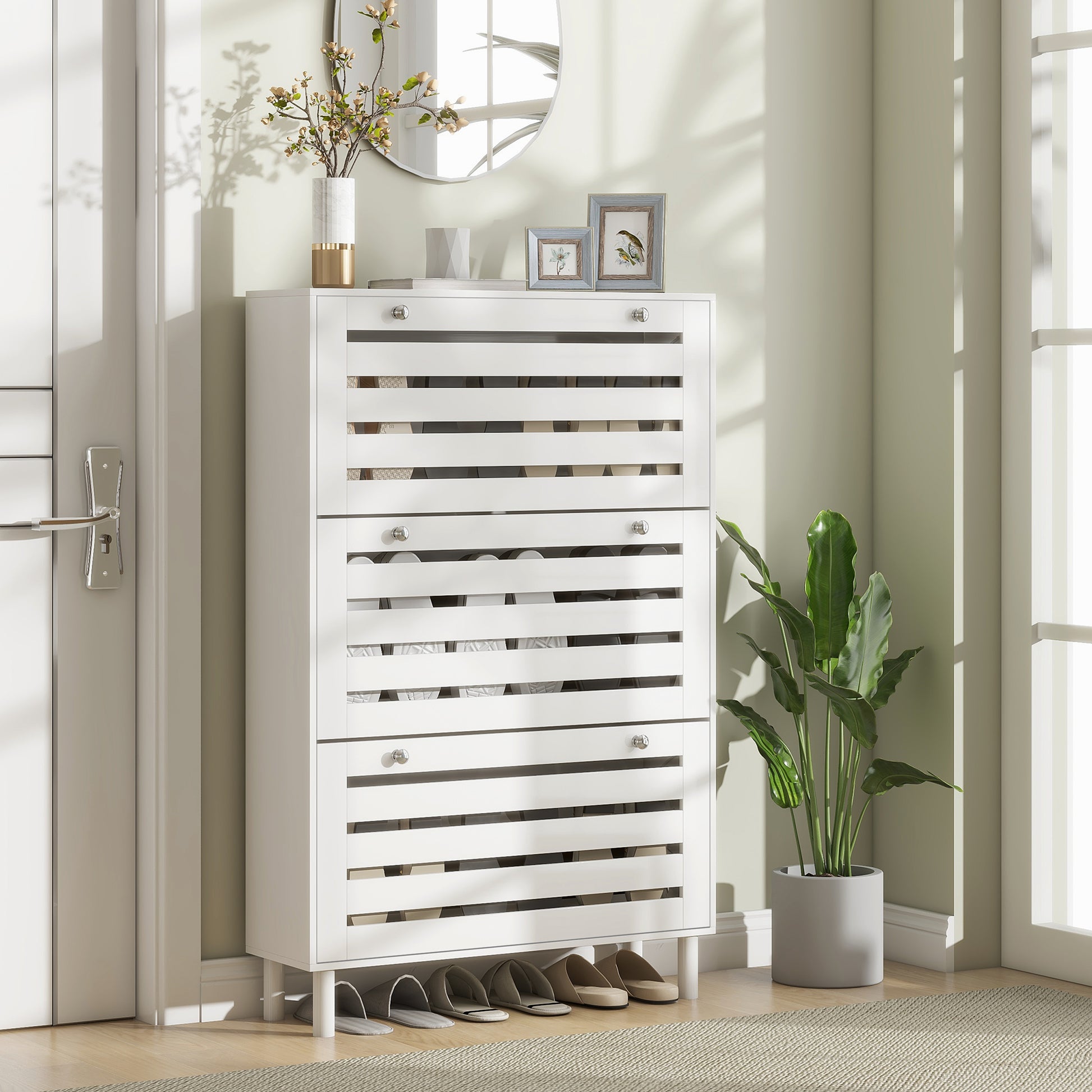 Modern Narrow White Shoe Storage Cabinet with 3 Flip Drawers, Adjustable Shelves