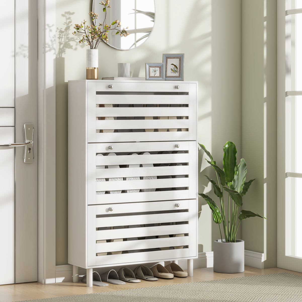 Narrow Shoe Cabinet with 3 Flip Drawers – 31"W x 48"H