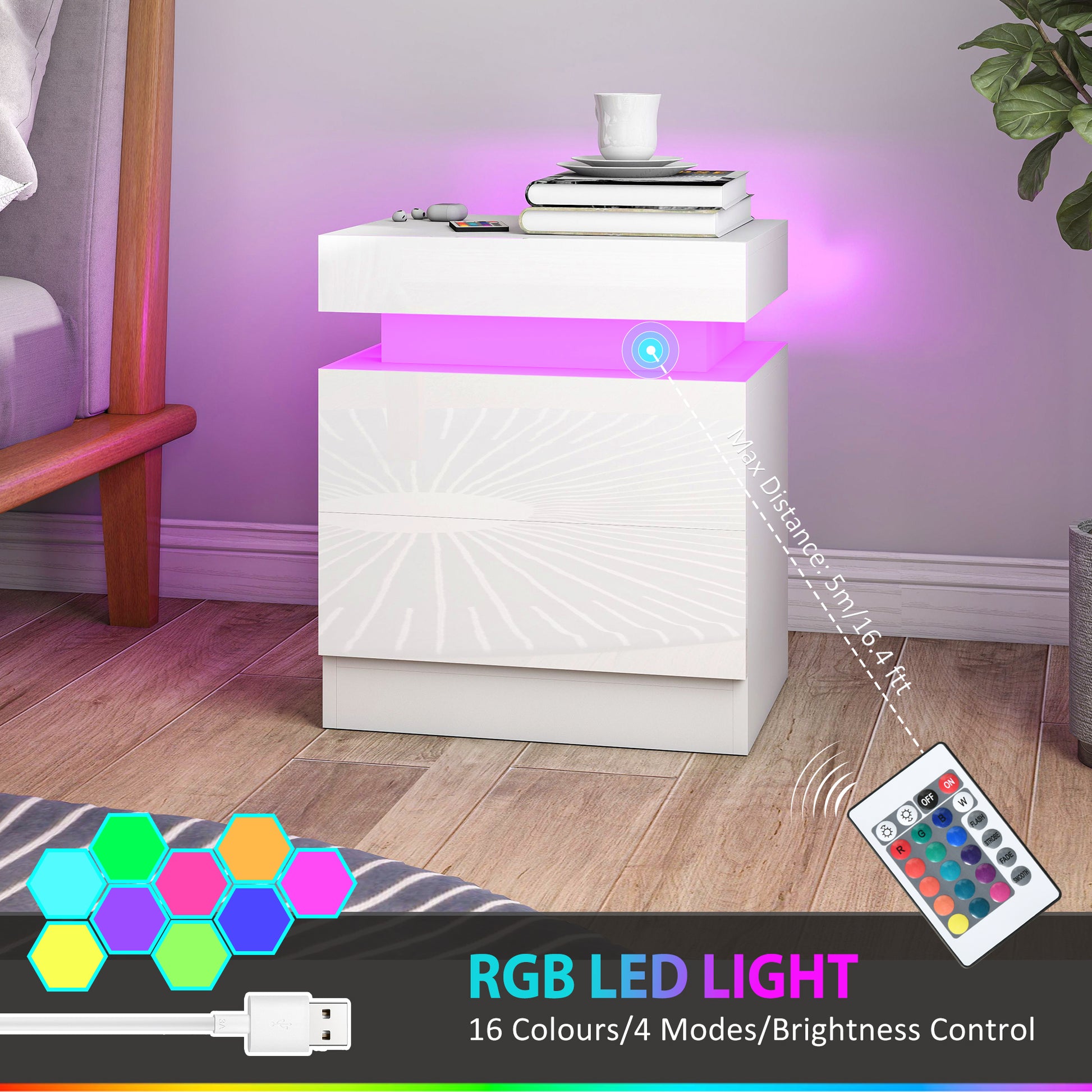 Modern Set of 2 HOMCOM LED Nightstands with 2 Drawers, White Bedside Tables