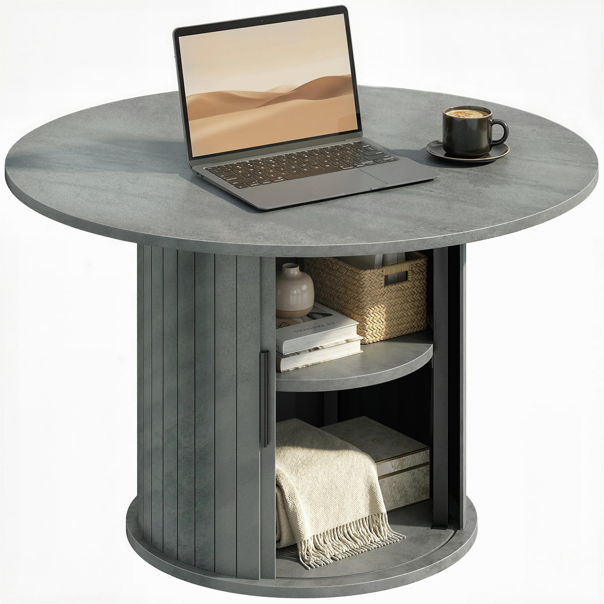 31.5" Round Coffee Table with Slatted Storage Pedestal, Cement Grey