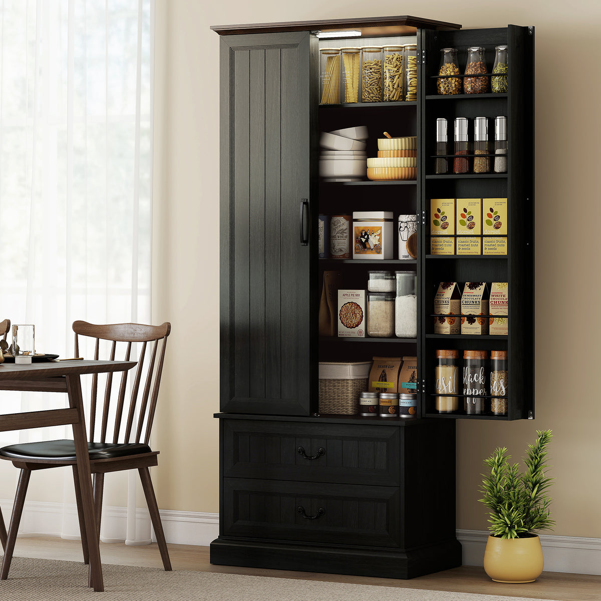 LED Kitchen Pantry Cabinet with 10 Door Shelves and 2 Drawers – 30"W x 72"H