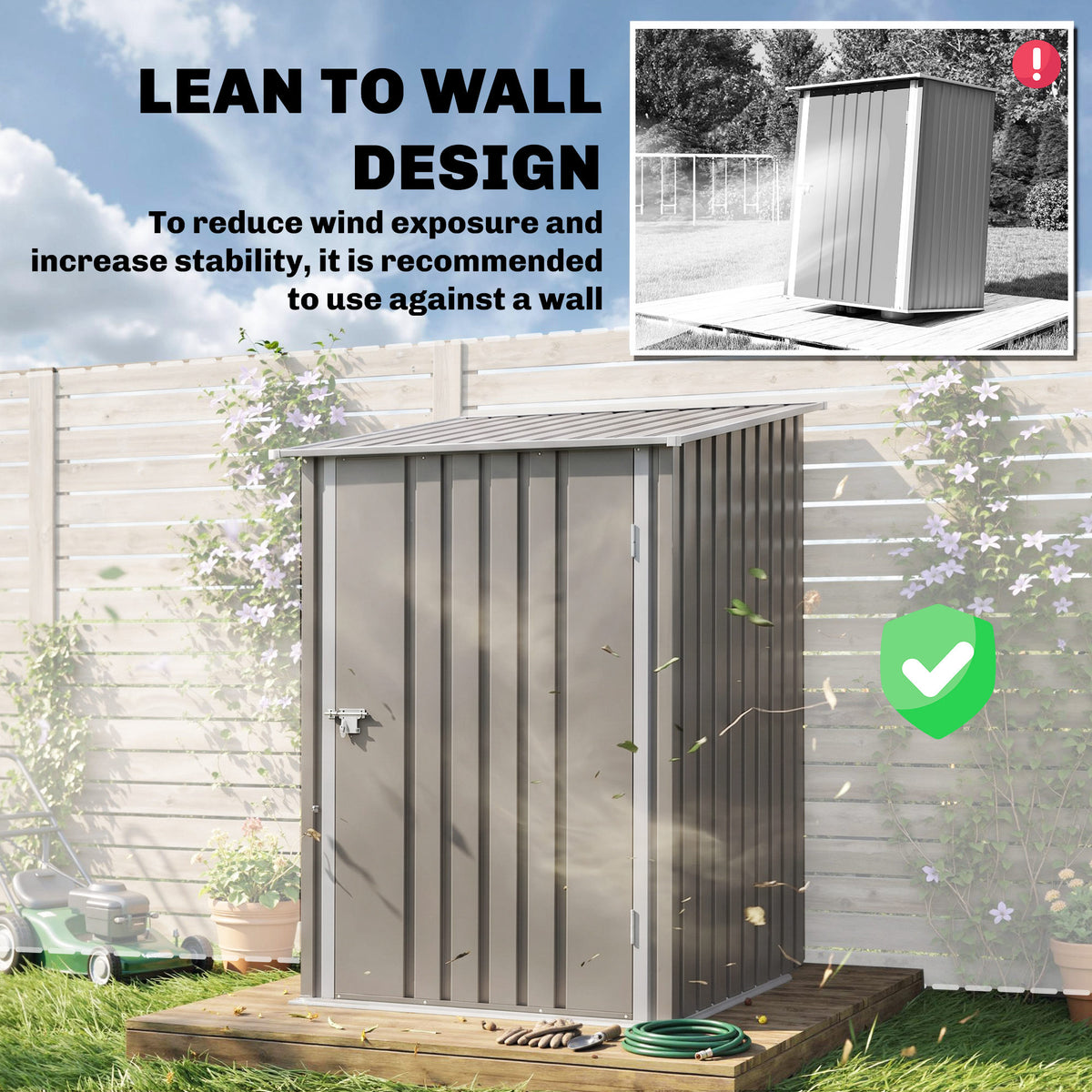 3.3' x 3.4' Lean-to Outdoor Garden Storage Shed, Galvanized Steel with Lockable Door for Patio – Brown And White