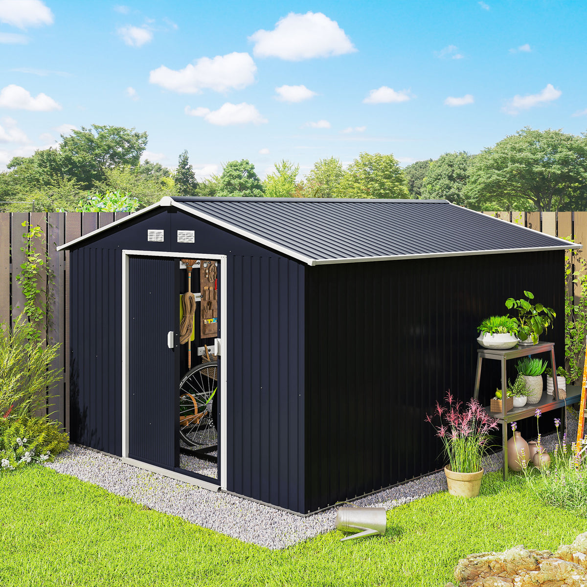 11' x 9' Metal Storage Shed Garden Tool House with Double Sliding Doors, 4 Air Vents for Backyard, Patio, Lawn – Dark Grey