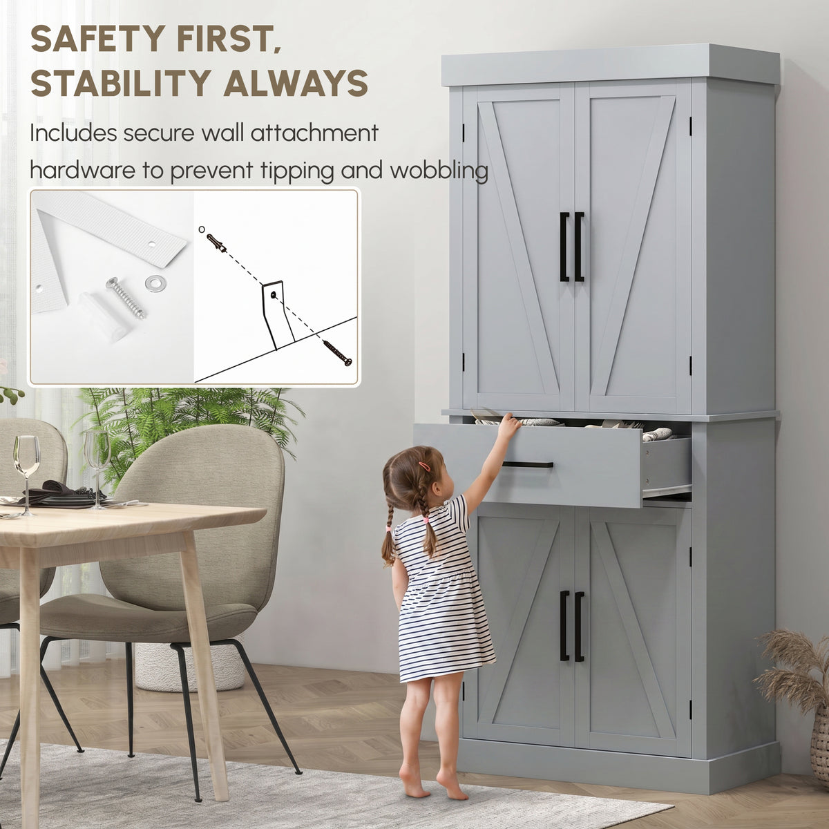 Farmhouse Kitchen Pantry Cabinet with 4 Barn Doors – 30"W x 72"H