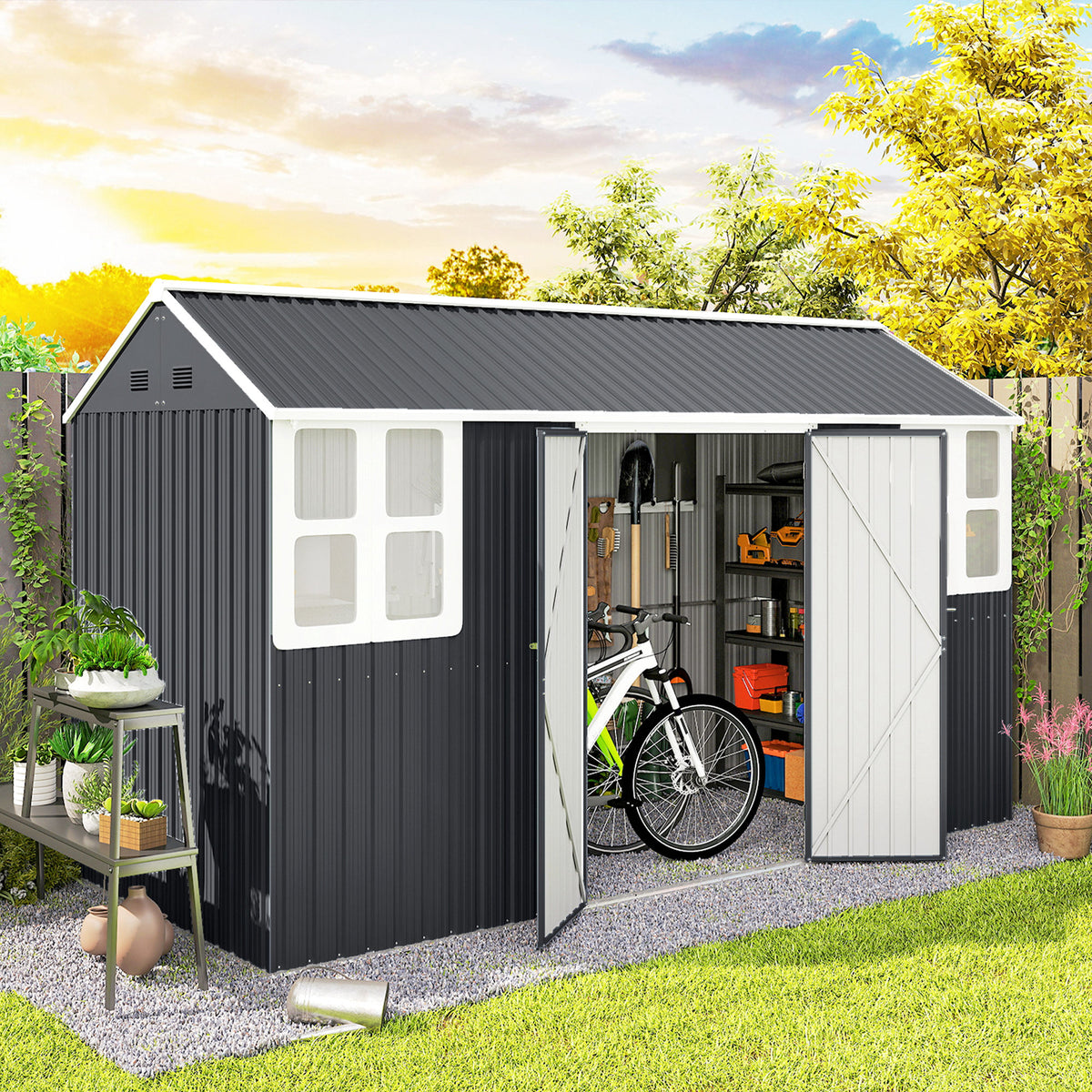 12' x 5.5' Metal Garden Storage Shed, Outdoor Tool Storage House with Lockable Door, Vents, Sloped Roof – Dark Grey