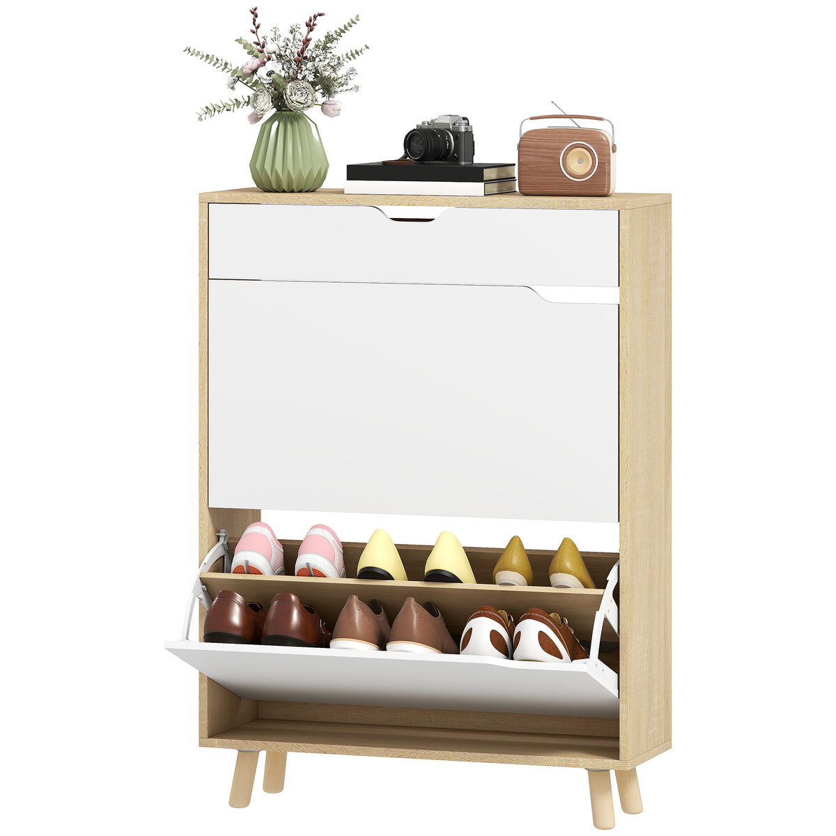 Narrow Shoe Cabinet for Entryway with 2 Flip Drawers – 28"W x 39"H