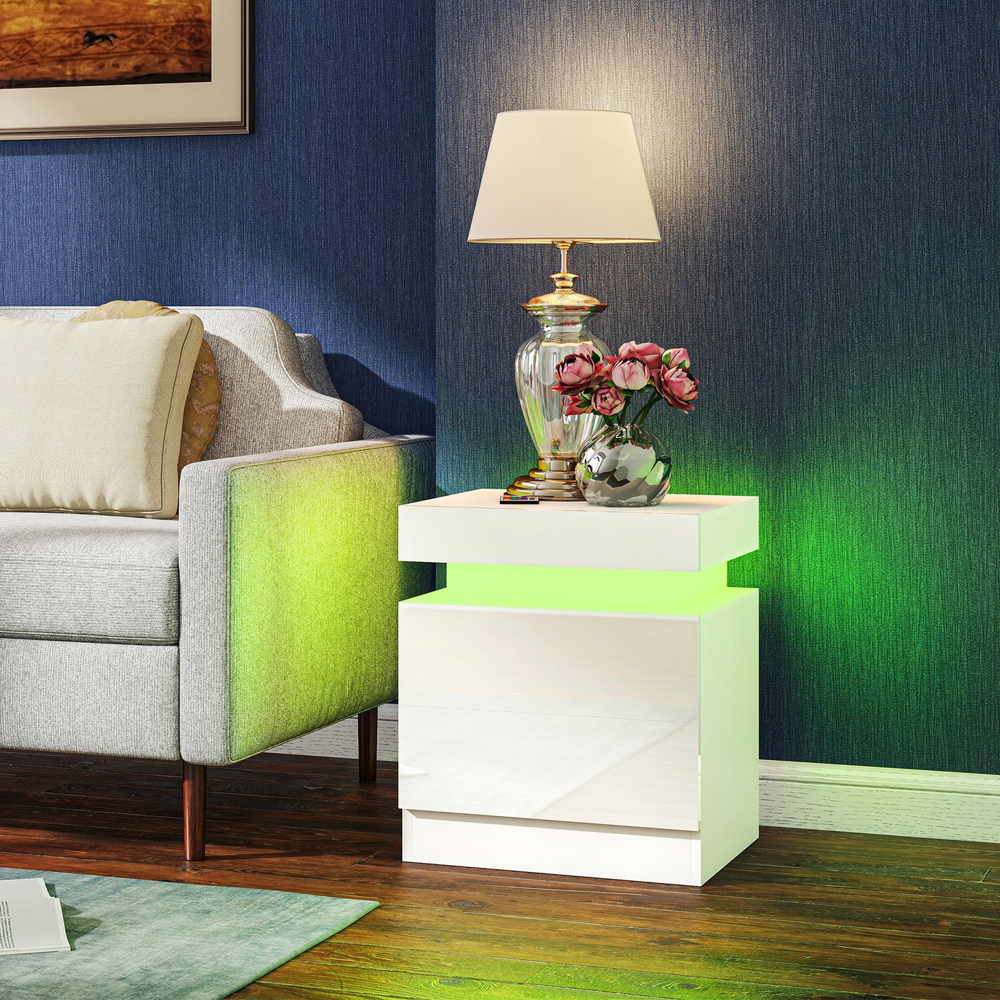Modern Set of 2 HOMCOM LED Nightstands with 2 Drawers, White Bedside Tables