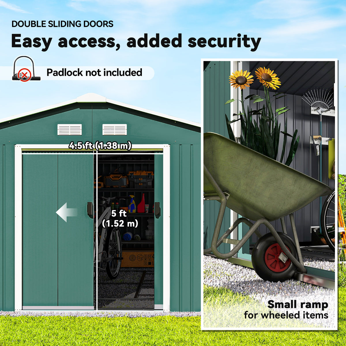 11' x 13'Garden Storage Shed w/ Foundation Kit Metal Tool Storage House w/ Double Doors – Green