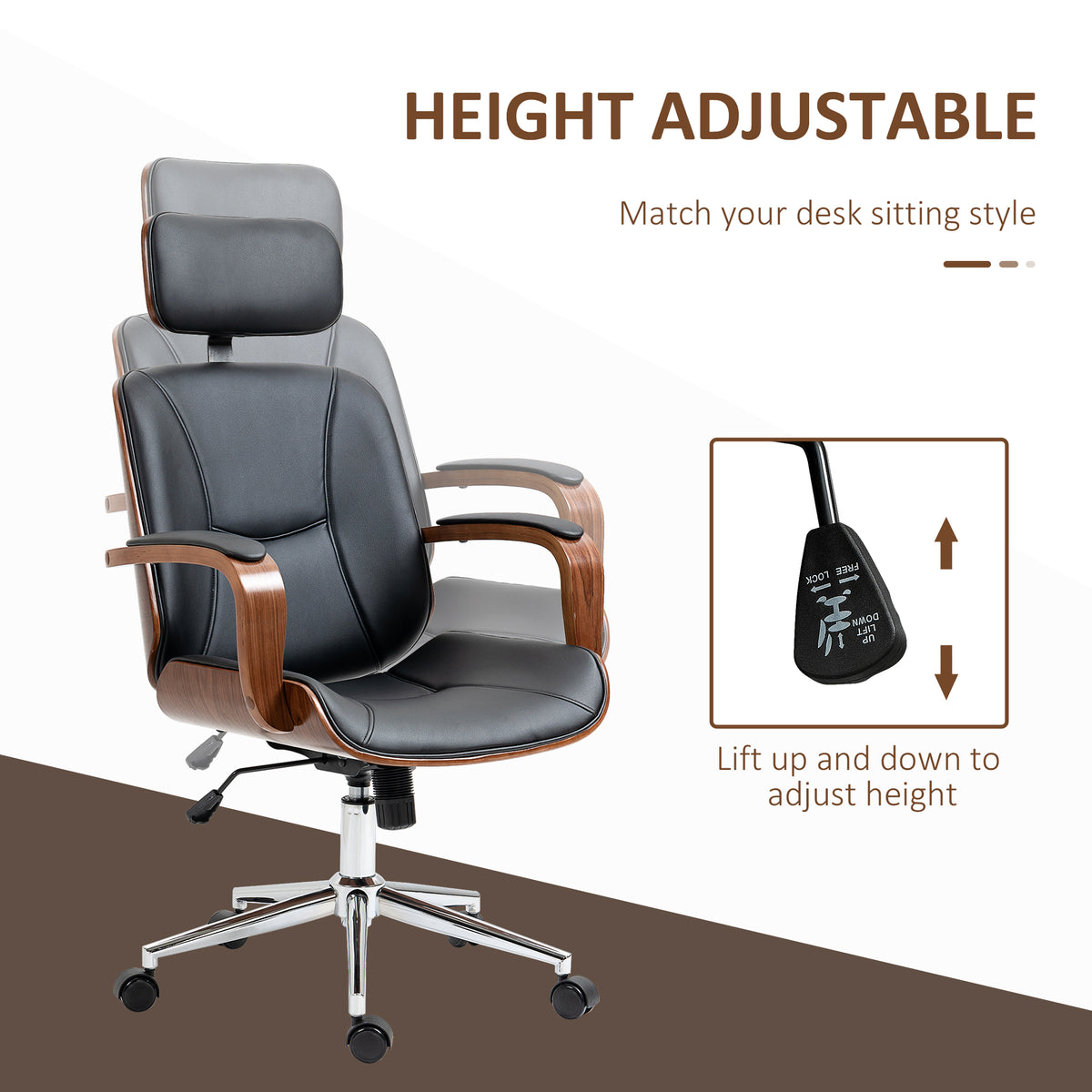 Office Chair, PU Leather Desk Chair with Removable Headrest, Adjustable Height, Black