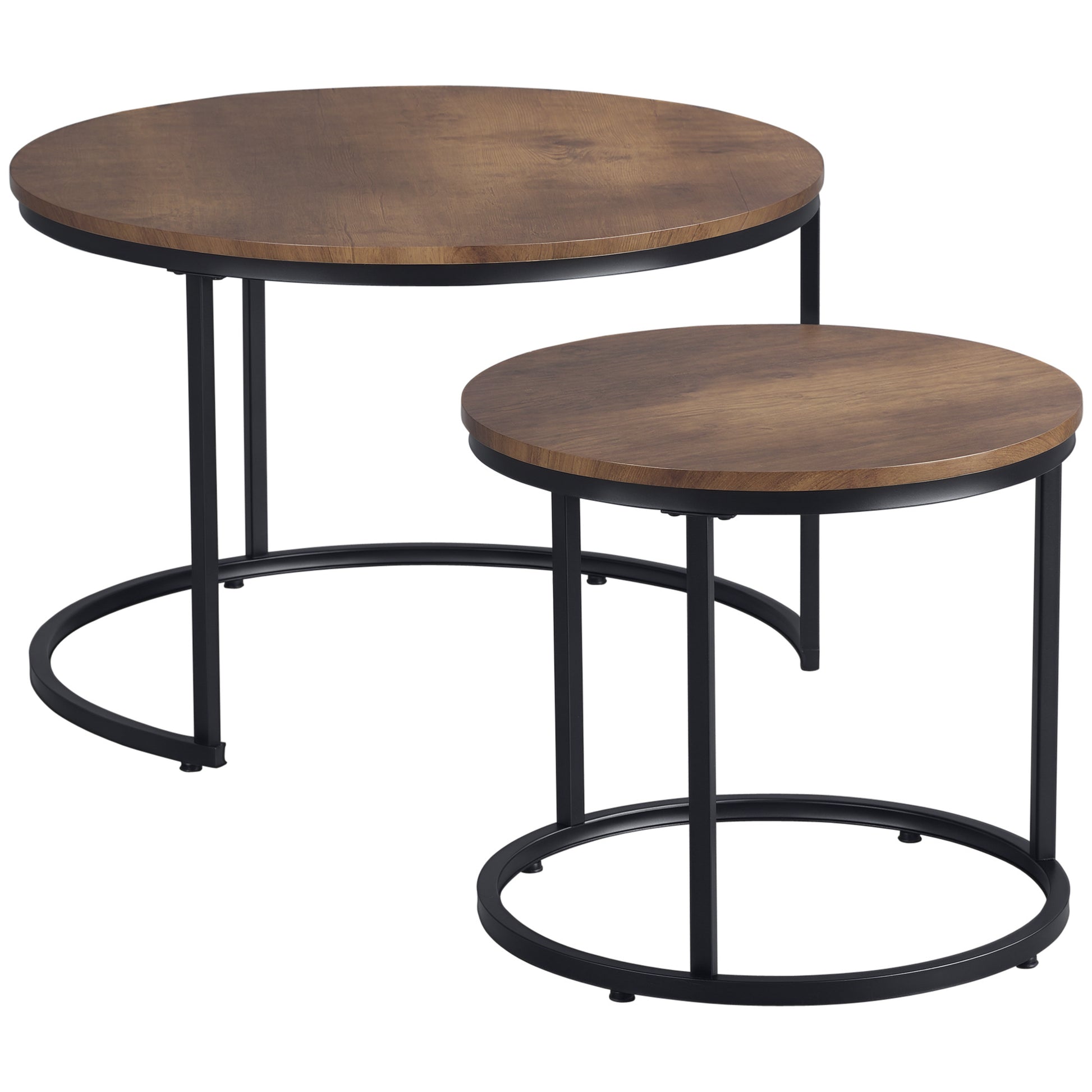 HOMCOM Round Nesting Tables Set of 2, Stacking Coffee Tables, Rustic Brown Metal Frame
