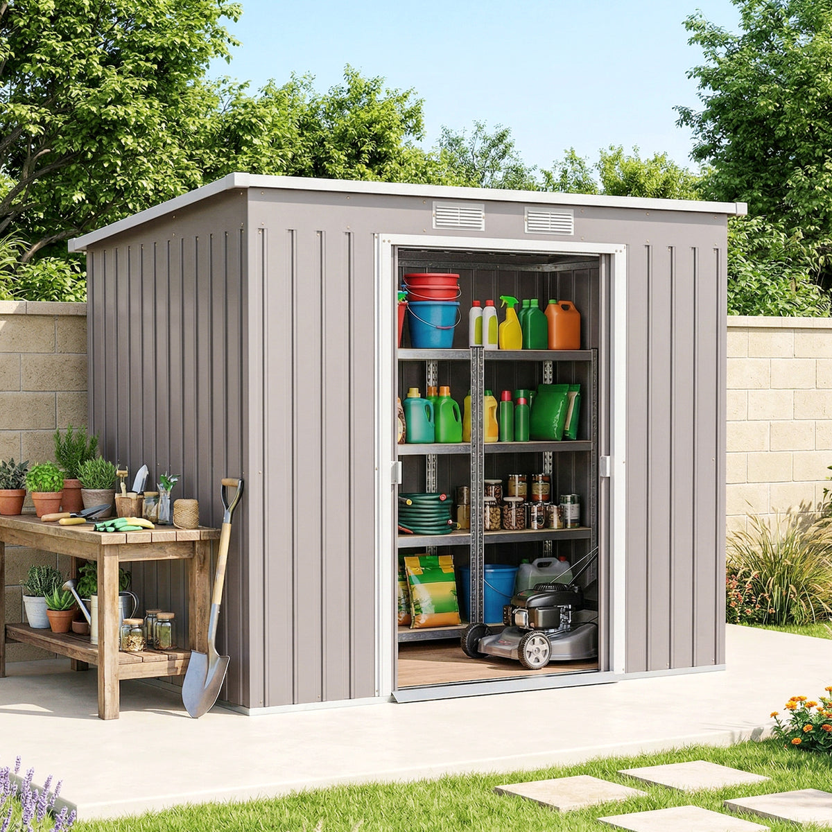 7 x 4ft Galvanised Steel Garden Shed, with Foundation Kit - – Grey