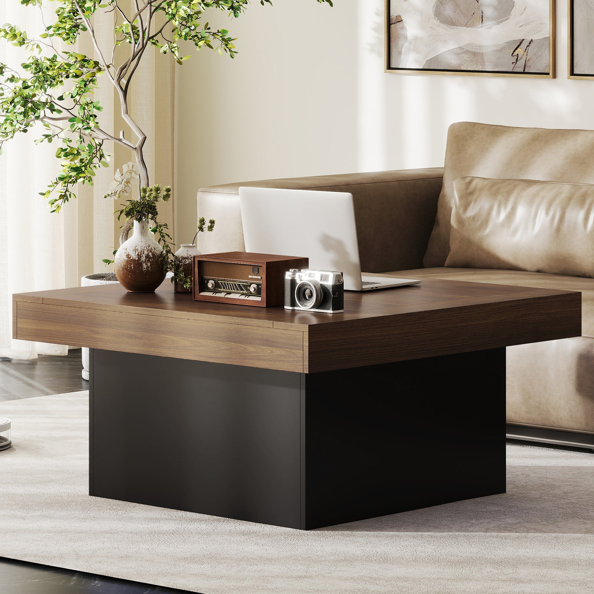 HOMCOM Square Coffee Table with 16-Colour LED Lights, Walnut, 35-Inch