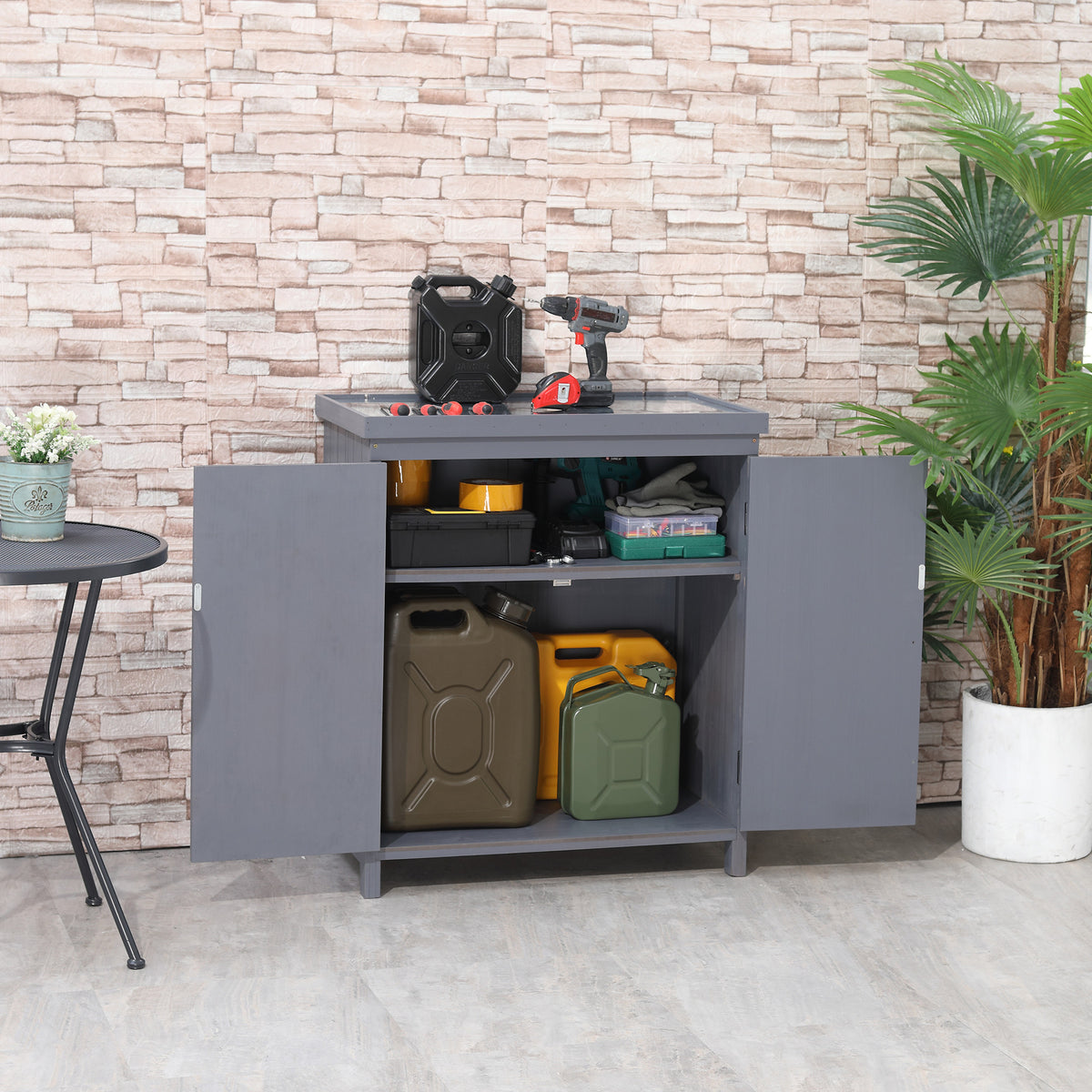 Garden Storage Cabinet, Outdoor Tool Shed with Galvanized Top and Two Shelves for Yard Tools and Pool Accessories