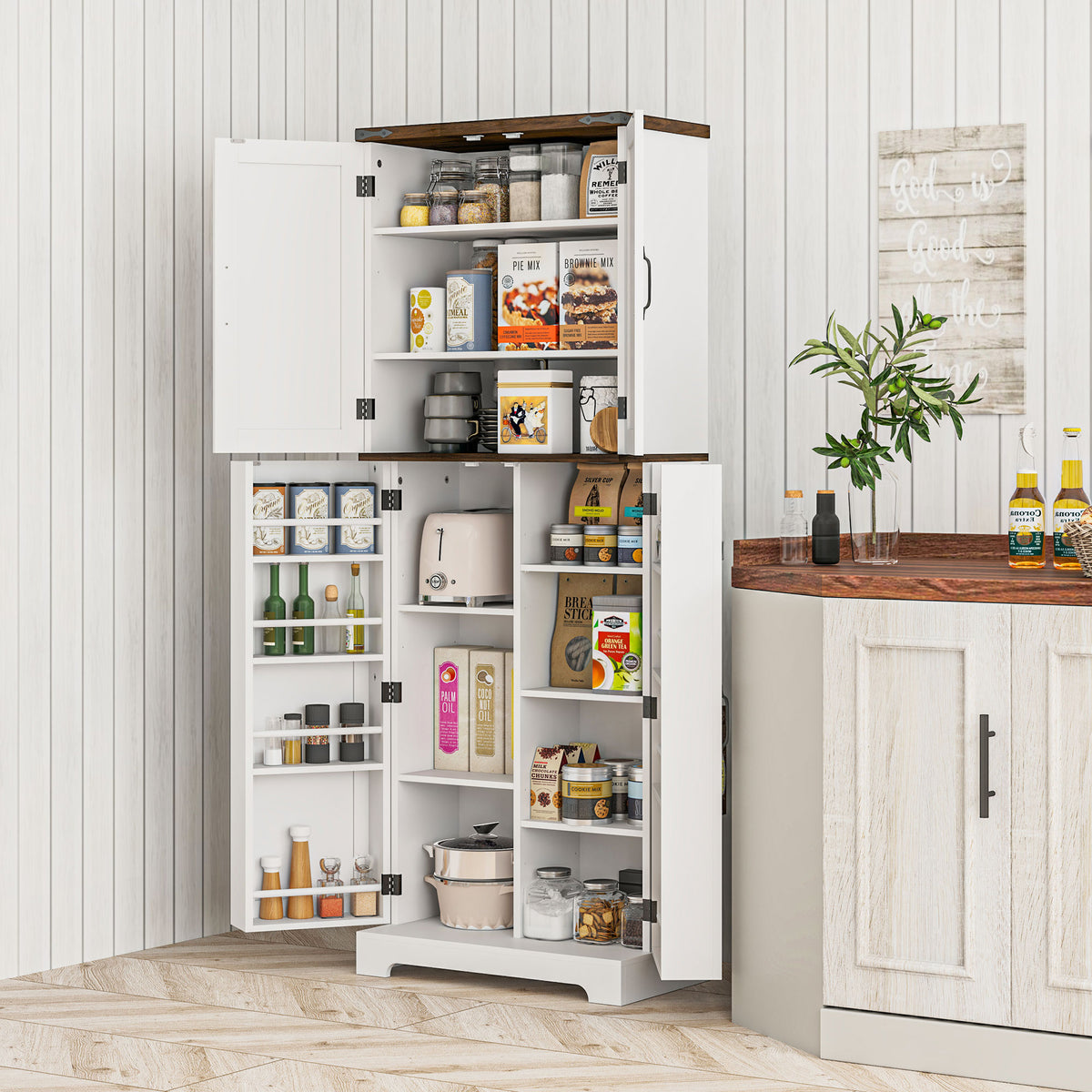 Tall Kitchen Pantry Cabinet with Spice Racks and Adjustable Shelves – 24"W x 64"H