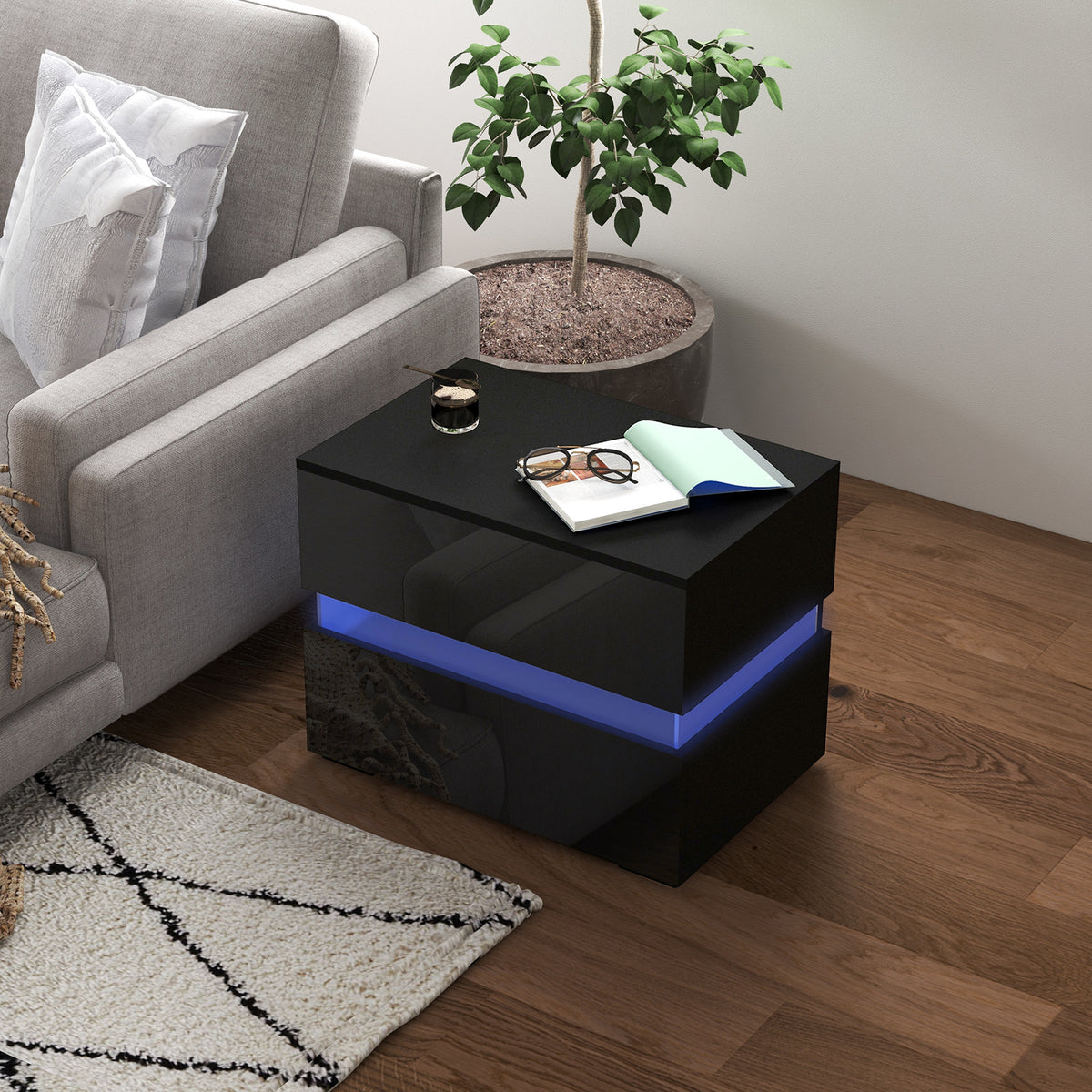 Nightstand with RGB LED Lights and 2 Drawers – 24"W x 19"H