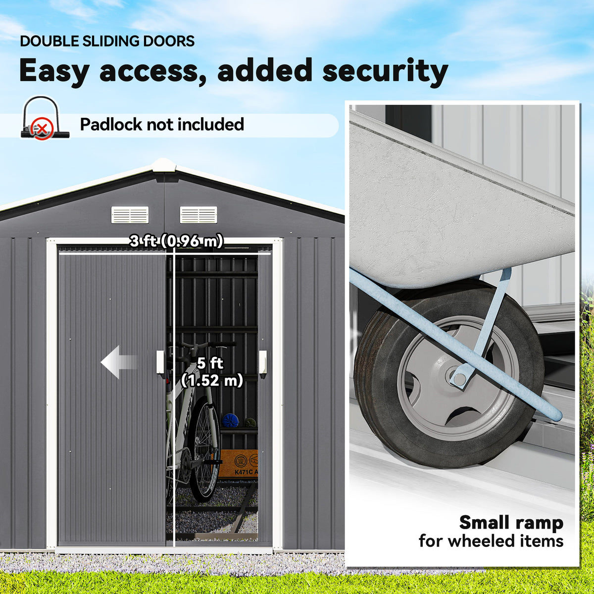 11' x 9' Metal Storage Shed Garden Tool House with Double Sliding Doors, 4 Air Vents for Backyard, Patio, Lawn – Light Grey
