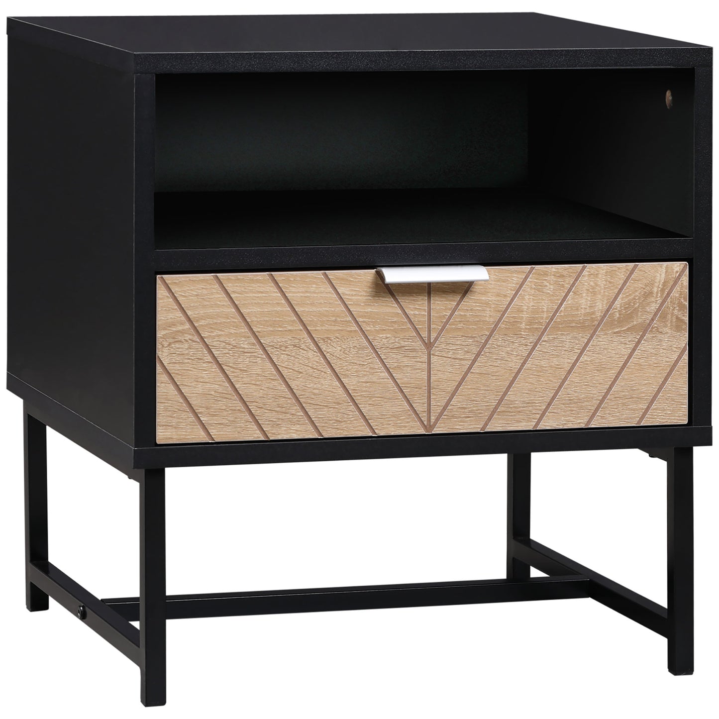 Modern HOMCOM Bedside Table Nightstand with Drawer, Storage Shelf - Black & Oak