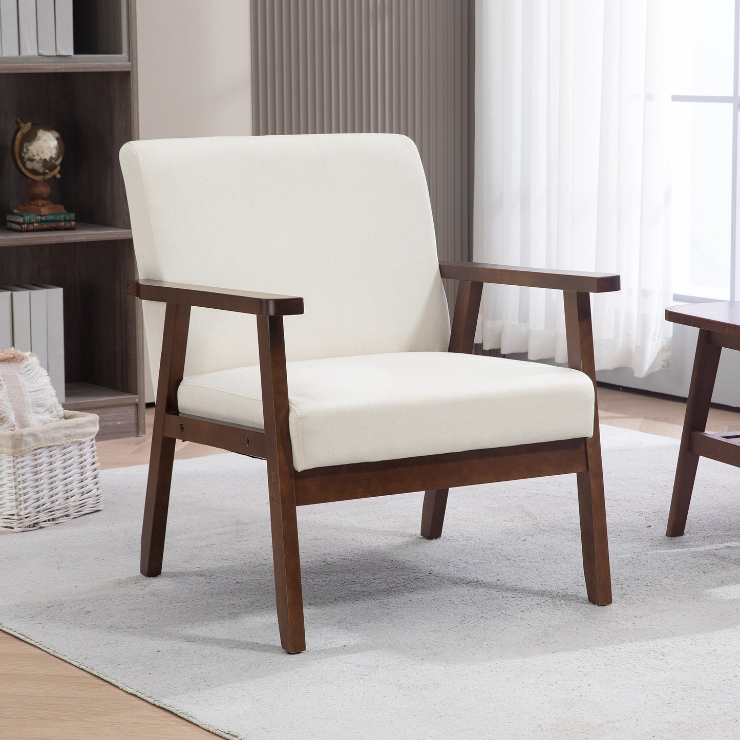 Modern Upholstered Linen-Feel Accent Armchair with Cushioned Seat, Cream White