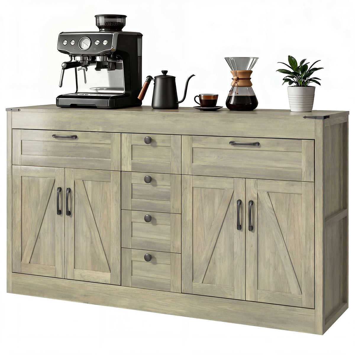 Farmhouse Kitchen Cabinet with 4 Barn Doors – 55"W x 32"H