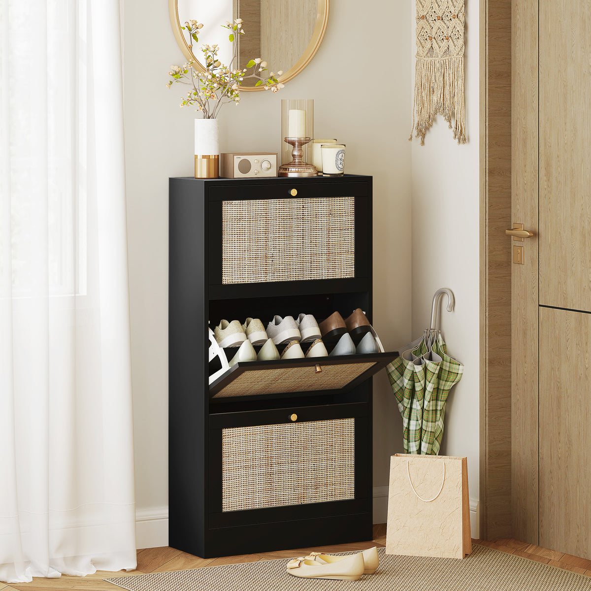 Rattan Shoe Storage Cabinet with 3 Flip Drawers – 24"W x 45"H