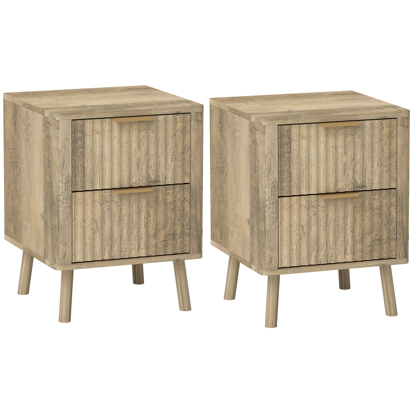 HOMCOM Modern Oak Nightstands Set of 2, Fluted Drawers, Finger Pulls
