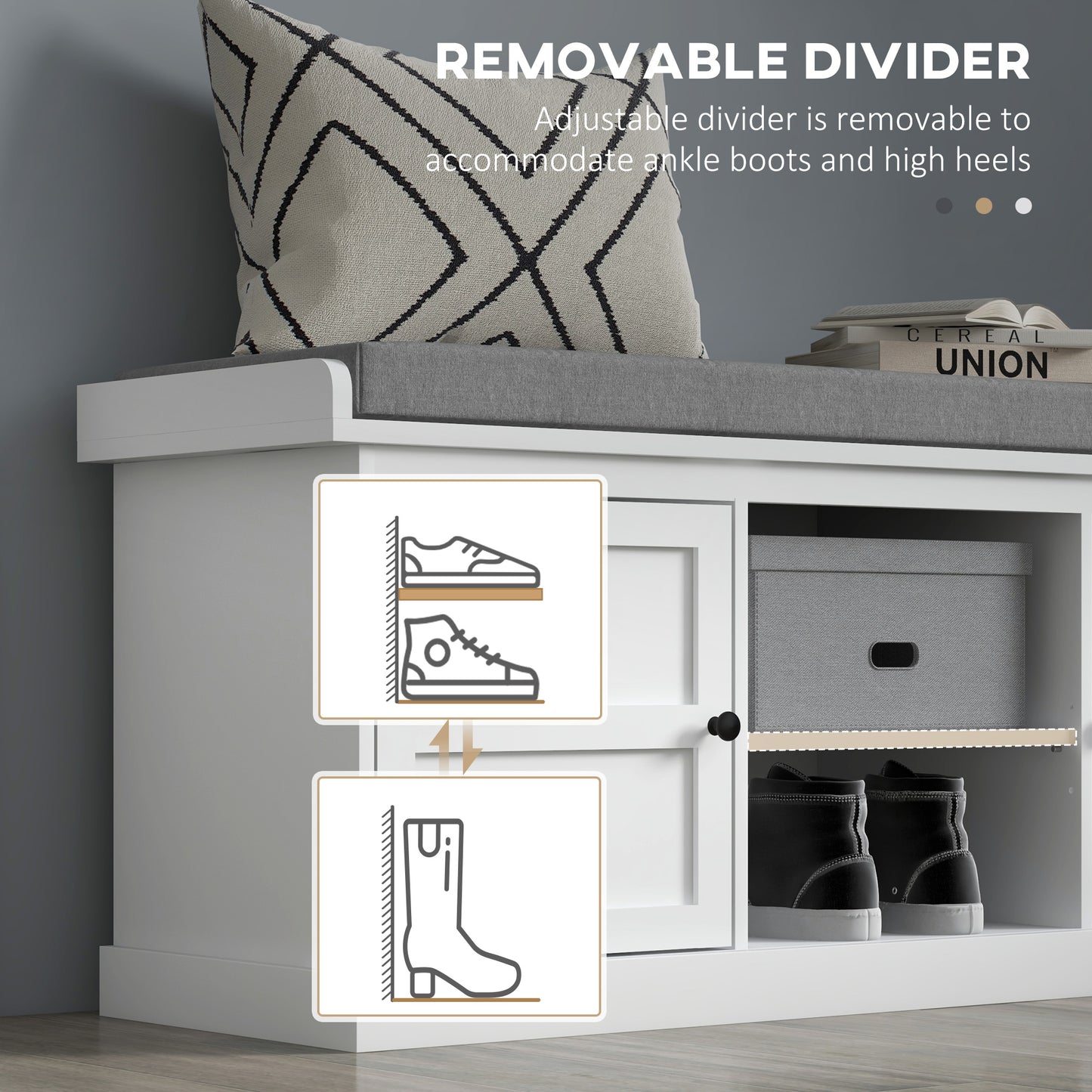 HOMCOM Entryway Shoe Storage Bench with Cushioned Seat, Adjustable Shelves, White