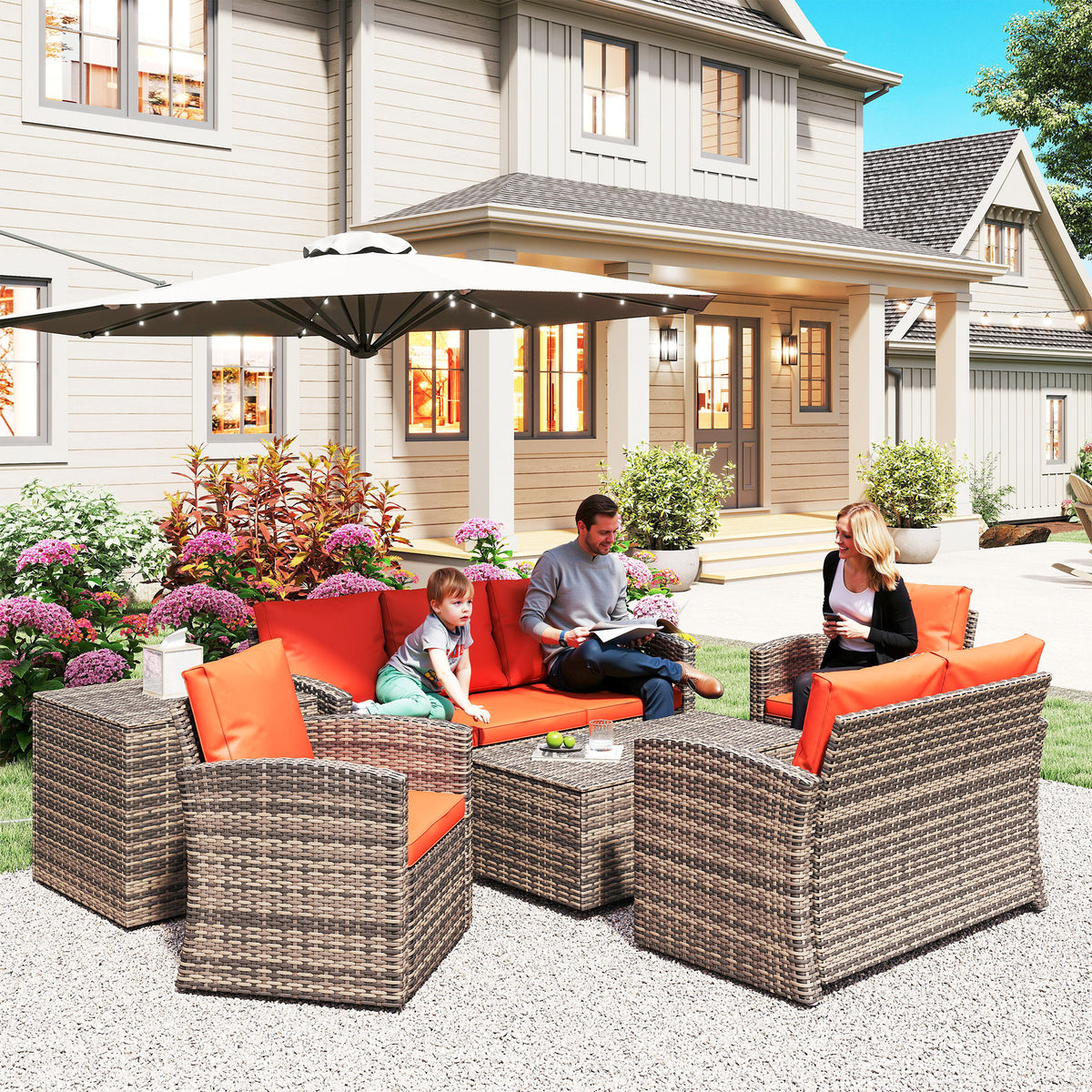 6 Pieces Wicker Patio Furniture Set with Cushions, 7-Seater Rattan Patio Sofa Set with Storage Table