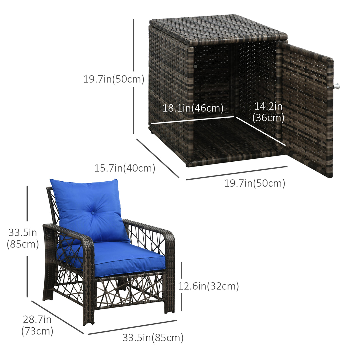 3 Pieces Wicker Patio Furniture Set, Rattan Bistro Set with Storage Coffee Table and Thickened Cushions, Outdoor Conversation Set for Garden, Porch, Balcony