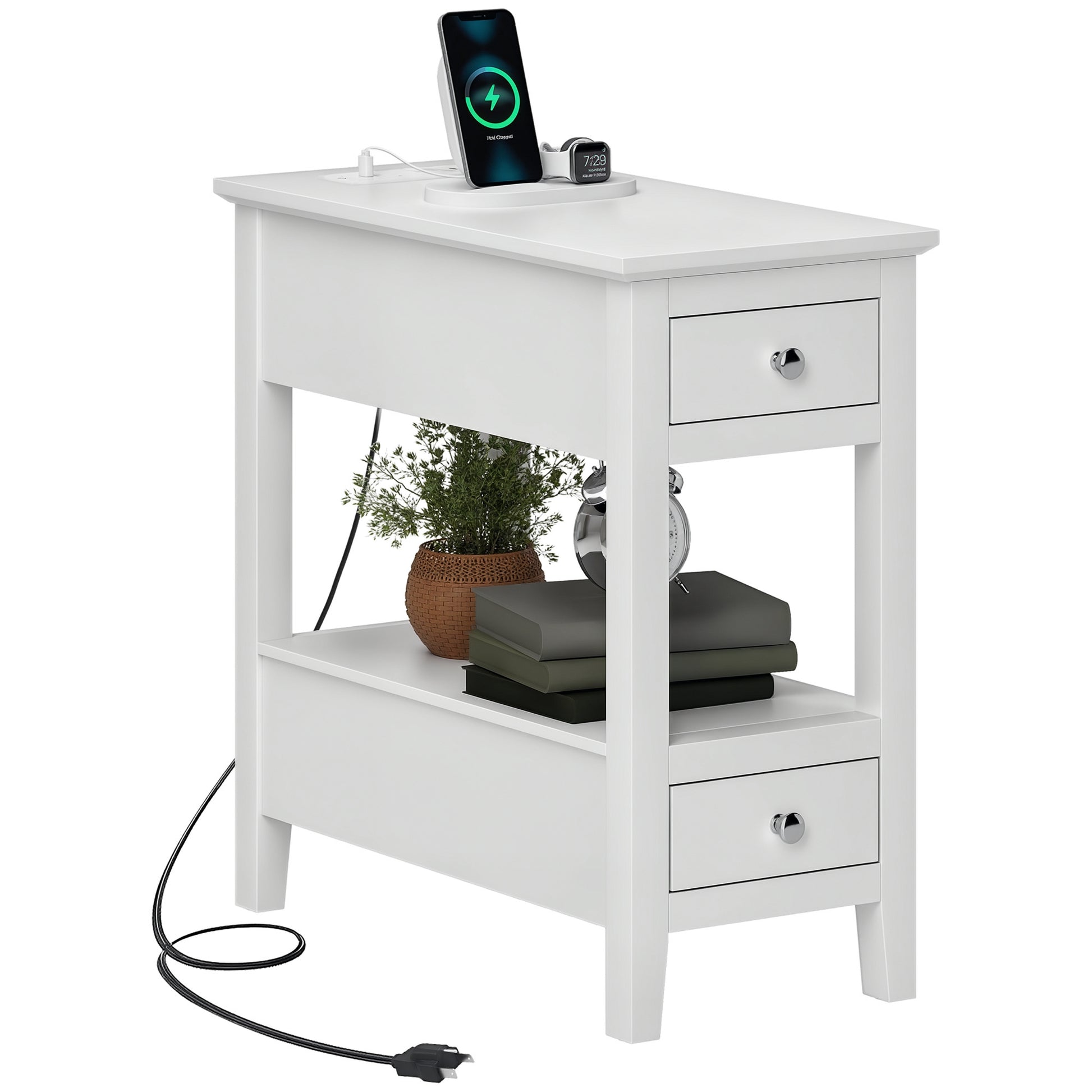 HOMCOM Modern Narrow Side Table with Charging Station USB Ports Storage Drawers