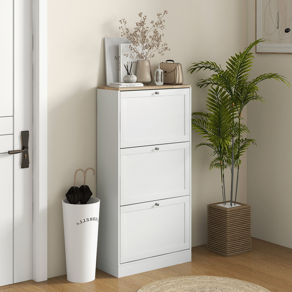 Modern Shoe Storage with 3 Flip Drawers and Adjustable Shelves – 24"W x 45"H