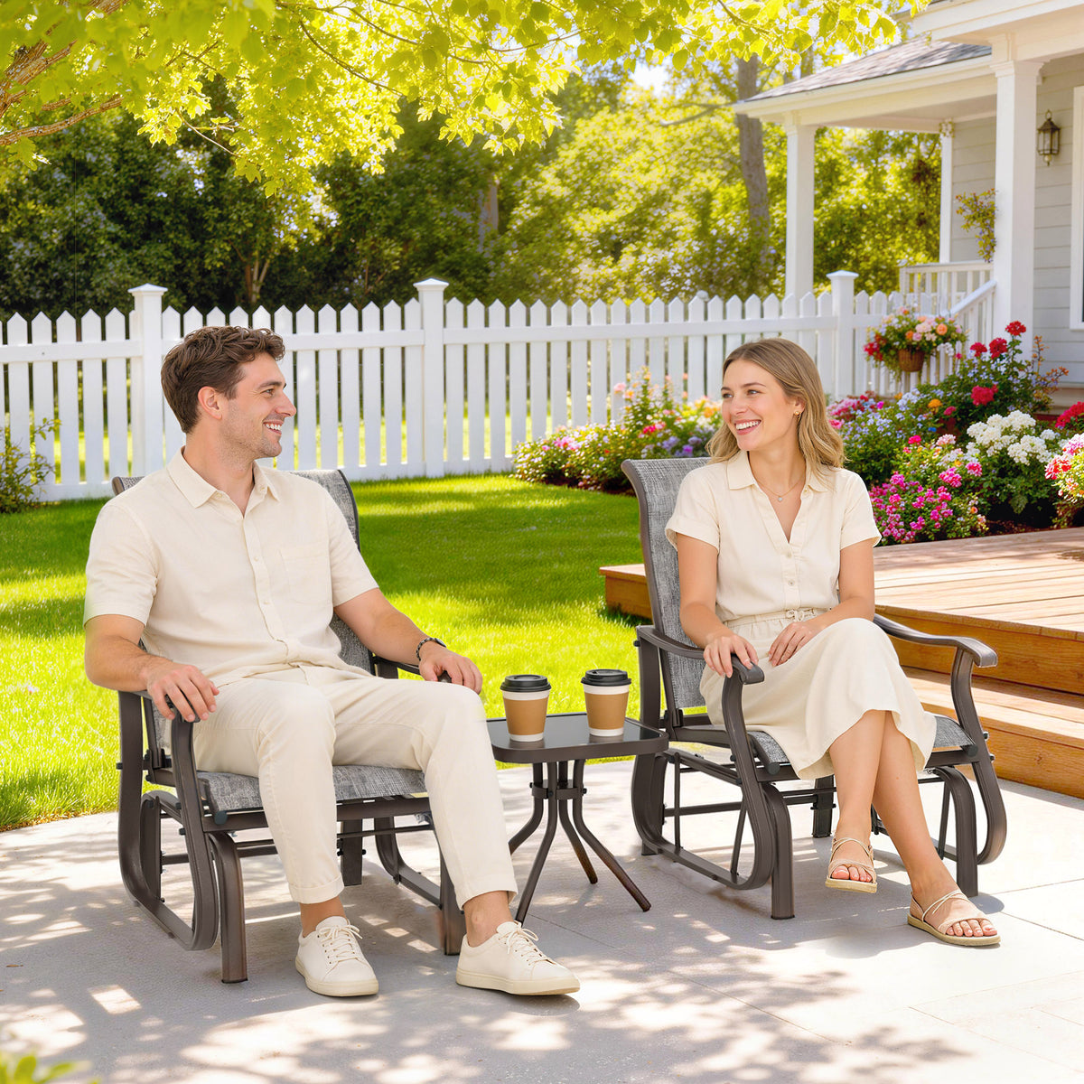 3PCs Gliding Rocking Chair & Bistro Tea Table Set